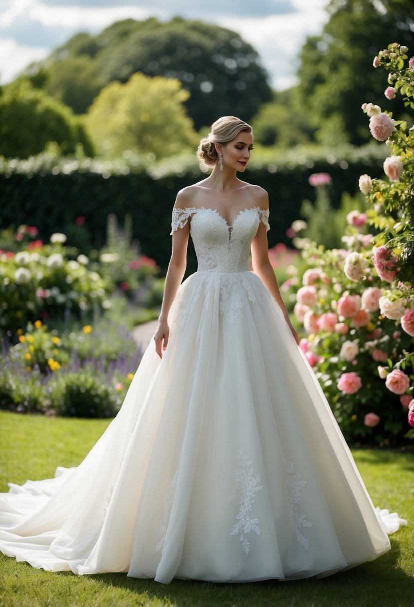 A bride in a flowing off-shoulder gown stands in a garden, surrounded by blooming flowers and lush greenery. The dress features intricate lace details and a full, billowing skirt