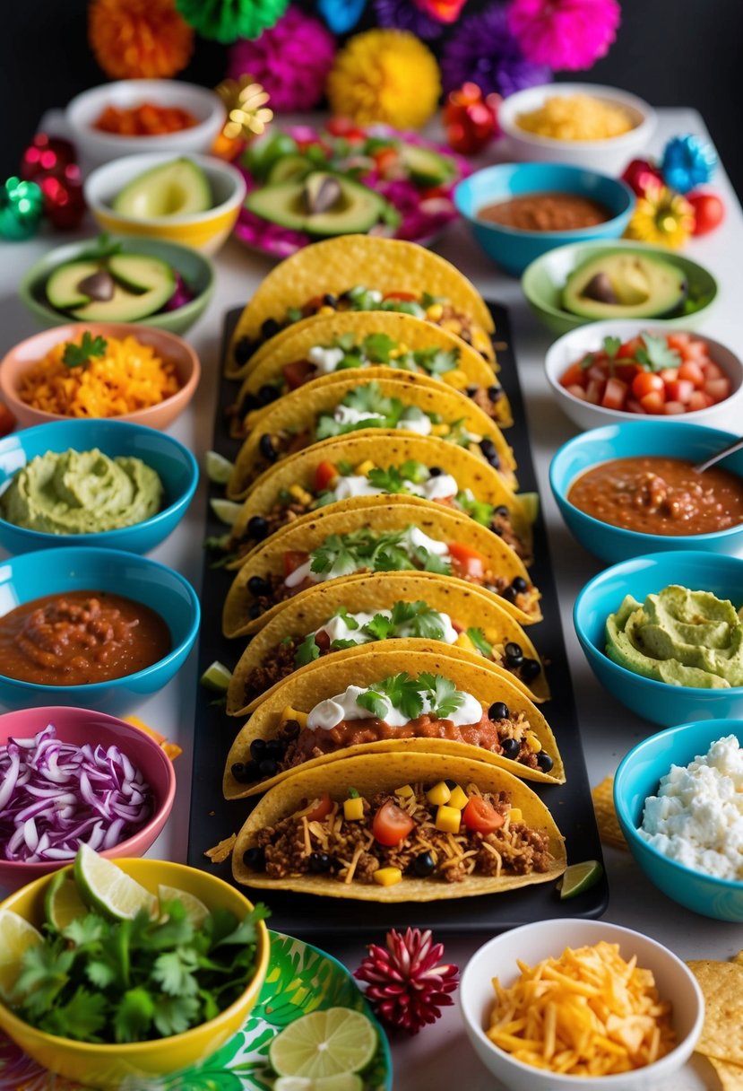 A colorful spread of taco ingredients arranged on a table, with bowls of salsa, guacamole, and toppings, surrounded by festive decorations