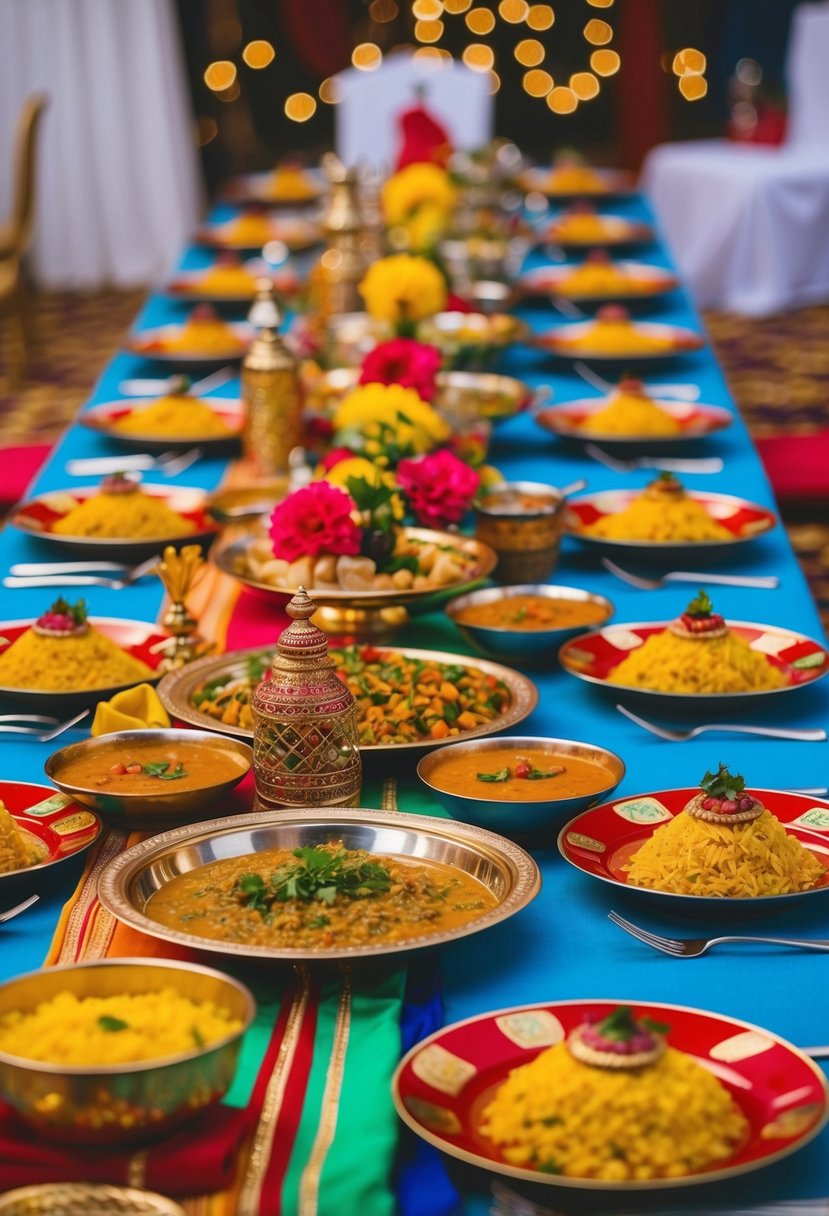 A colorful banquet table adorned with traditional Indian dishes and decor