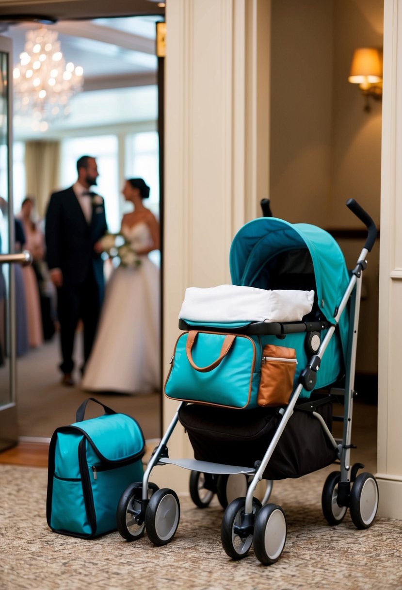 A diaper bag and stroller sit near the exit, ready for a quick departure from the wedding if the baby gets fussy