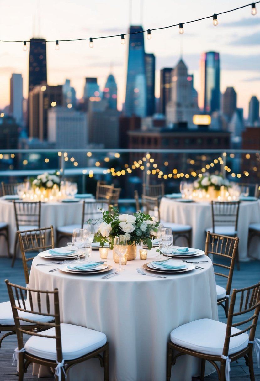 A chic rooftop soirée with twinkling lights, elegant table settings, and a stunning city skyline backdrop