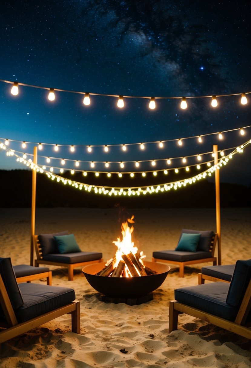 A cozy bonfire on a sandy beach, surrounded by laid-back seating and twinkling string lights under a starry night sky