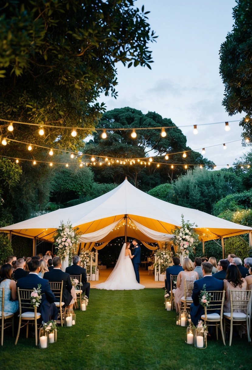 A beautiful tent wedding set in a lush garden with twinkling lights, floral decorations, and elegant seating for guests