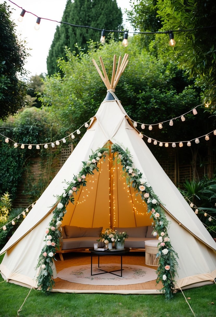 A whimsical tipi tent adorned with fairy lights and floral garlands, nestled in a lush garden setting