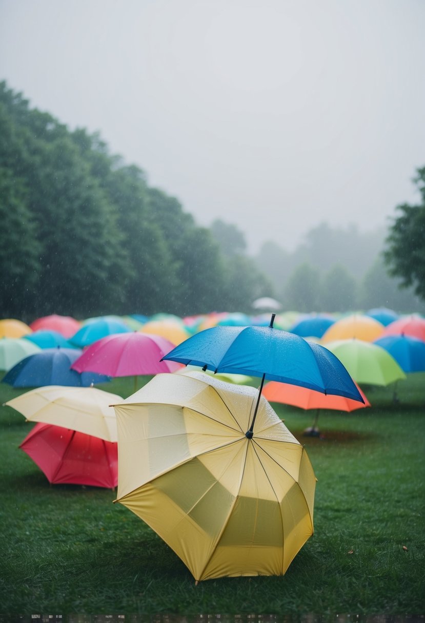 A tent wedding in a light rain, with colorful umbrellas and misty atmosphere