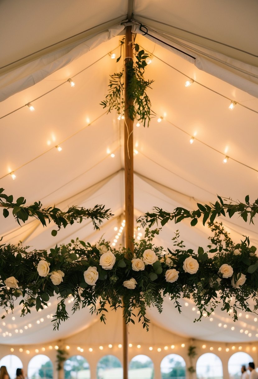 A white wedding tent filled with warm, soft lighting, creating a cozy and romantic atmosphere. Flowers and greenery adorn the space, adding a touch of elegance