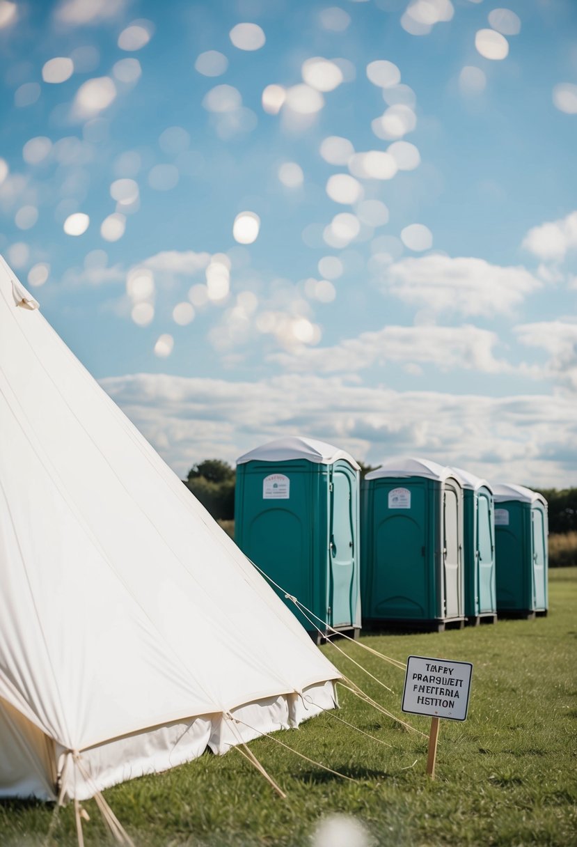 A white tent set up in a grassy field, with a row of portable restroom facilities nearby. A sign indicates their location