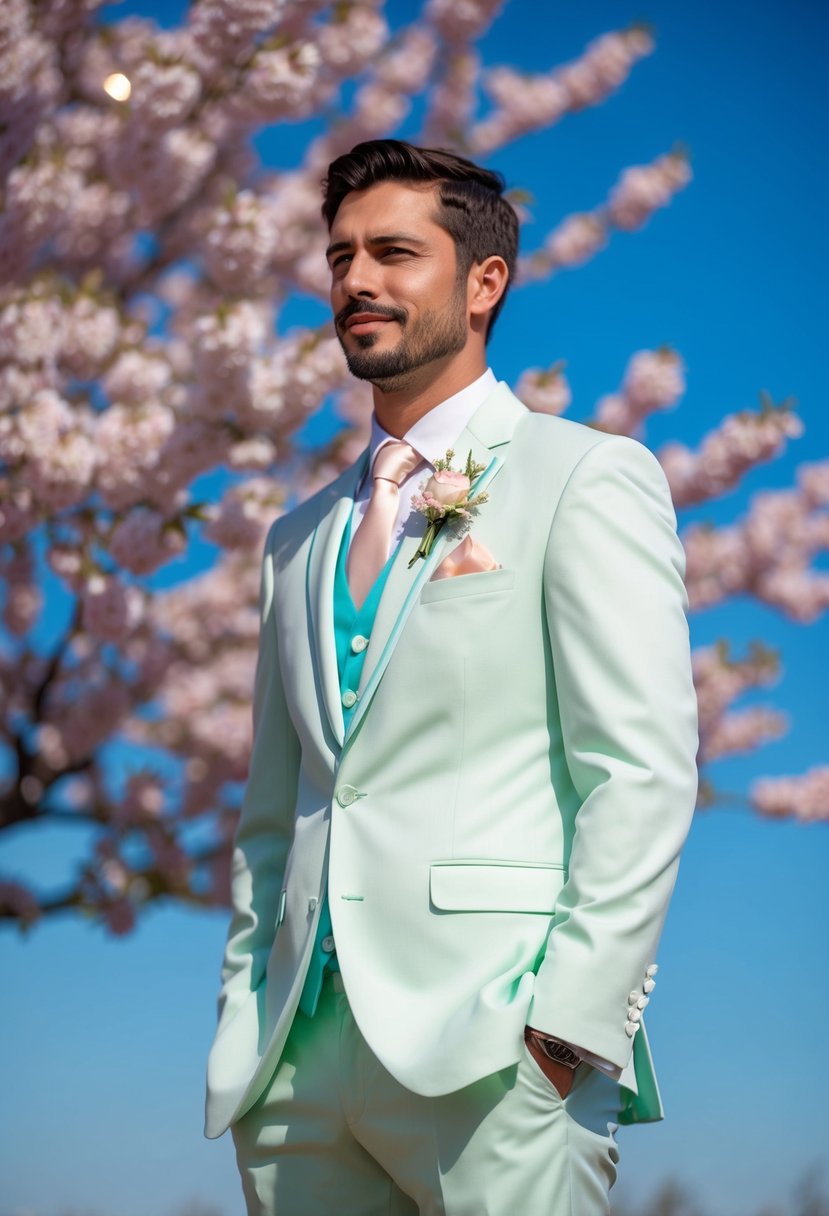 A groom's suit with pastel colors and floral accents, set against a backdrop of blooming cherry blossoms and a clear blue sky