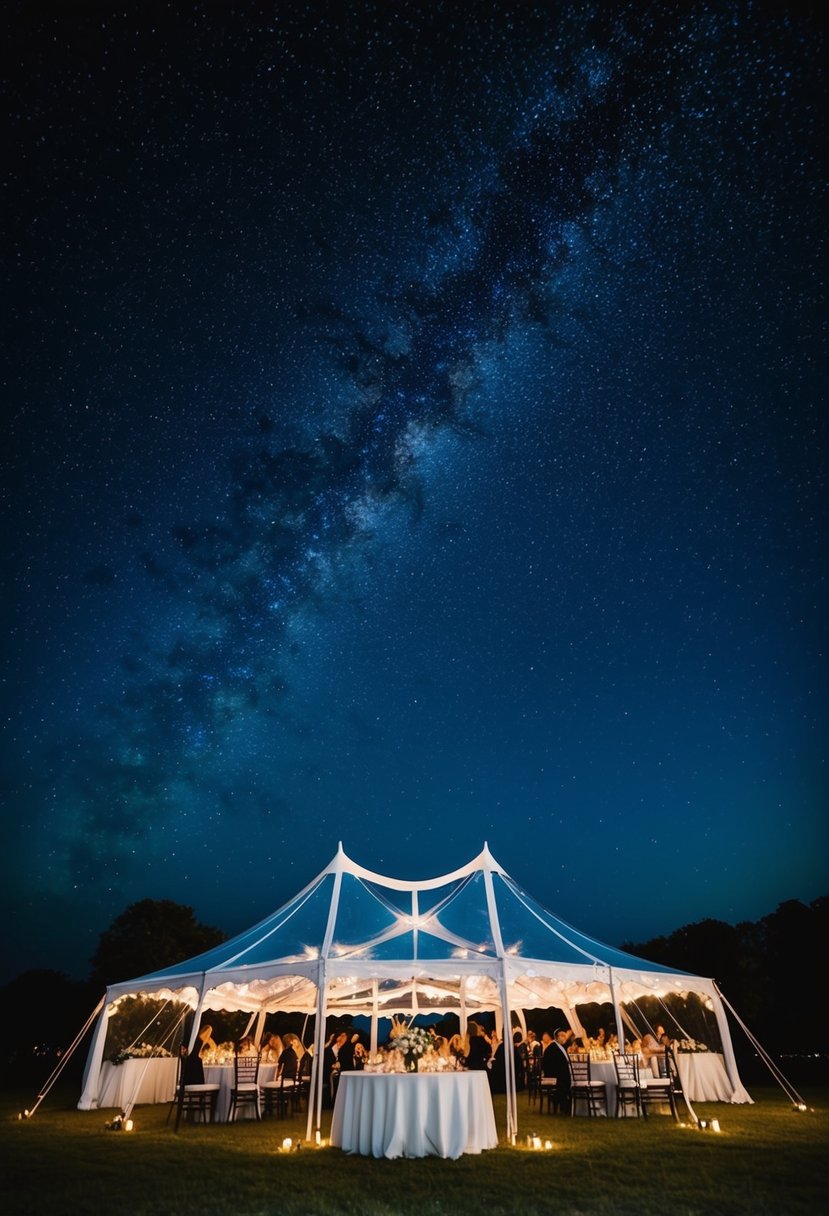 Clear top tents reveal starry night sky at elegant wedding reception