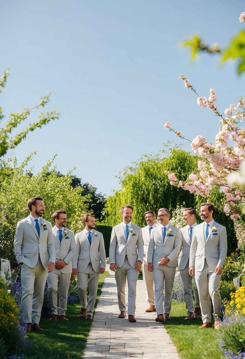 A sunny outdoor wedding with guests in lightweight linen suits, surrounded by blooming flowers and greenery