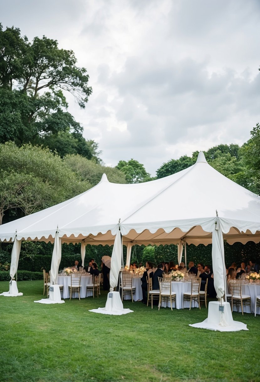 A white tent with added sidewalls to protect against rain, set up in a lush garden for a wedding celebration