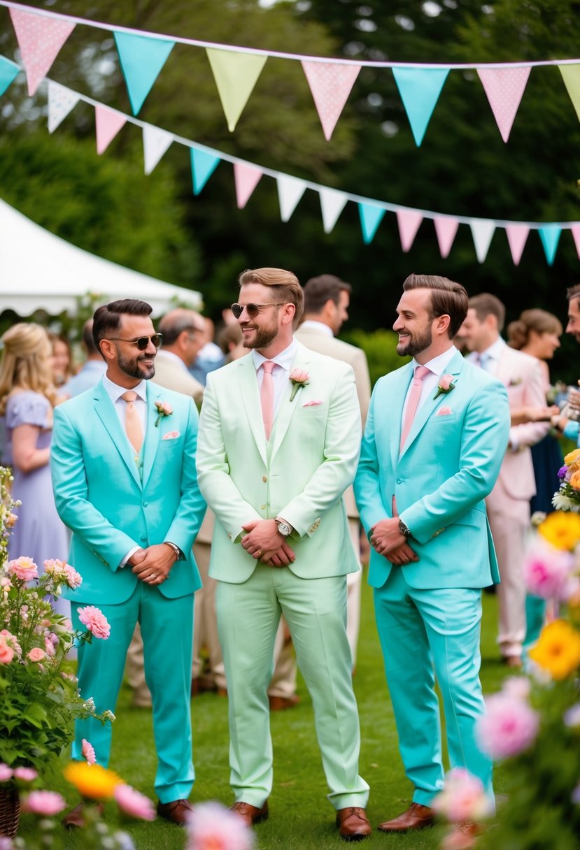 A garden party with men in pastel suits, surrounded by blooming flowers and bunting