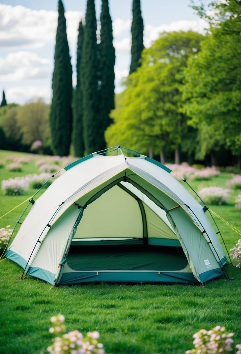 A tent set up in a lush green field, with open flaps and gentle breezes flowing through, surrounded by blooming flowers and tall trees