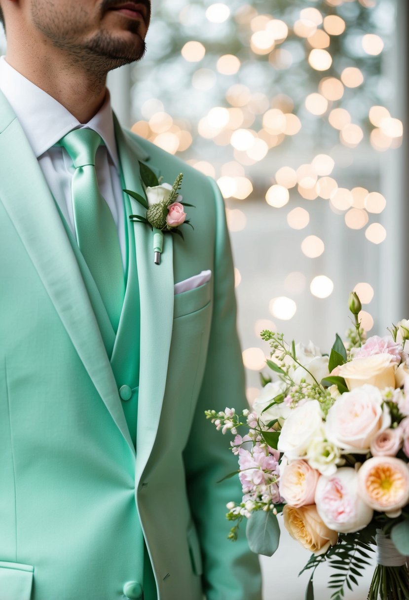 A groom's mint green suit beside a bouquet of pastel flowers