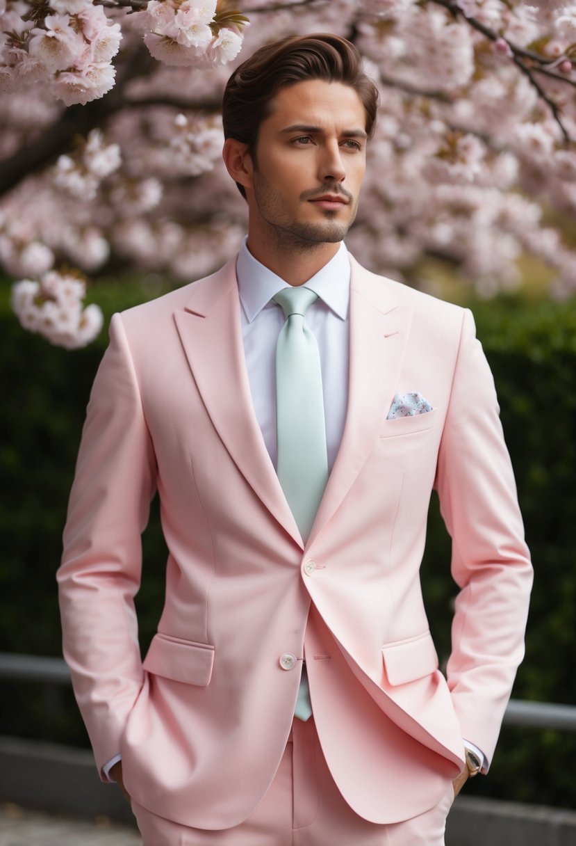 A soft pink suit jacket and matching trousers, paired with a crisp white shirt and pastel tie, set against a backdrop of blooming cherry blossoms