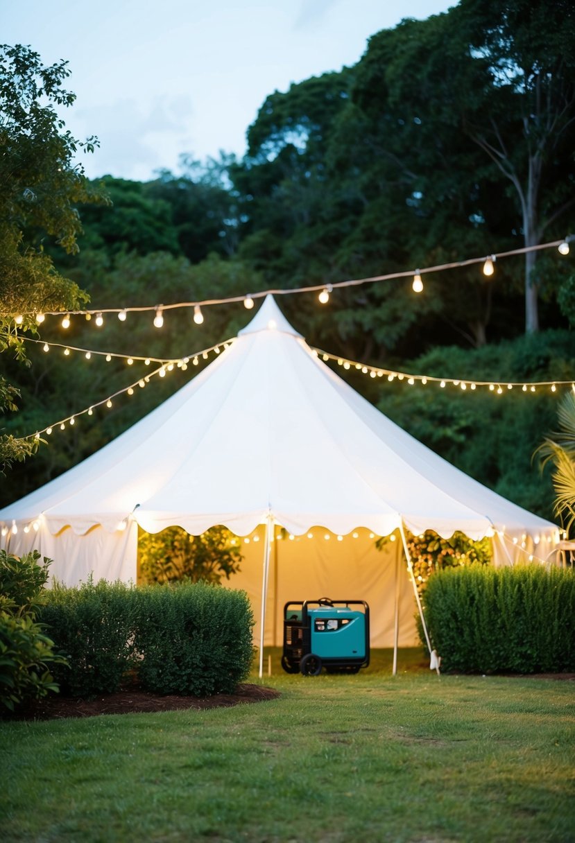 A white tent with twinkling lights, surrounded by lush greenery. A reliable generator hums in the background, providing power for the wedding festivities