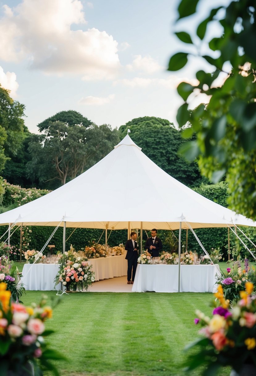 A professional tent provider sets up a white wedding tent in a lush garden, with colorful flowers and elegant decorations