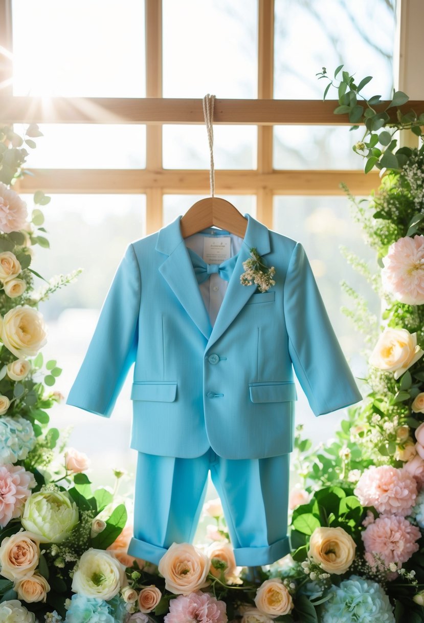 A baby blue suit hanging on a wooden hanger, surrounded by pastel-colored flowers and greenery, with sunlight streaming through a window