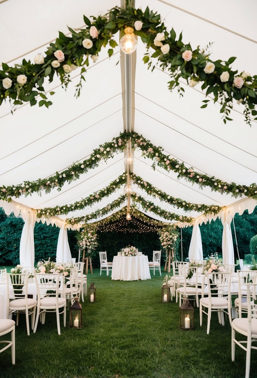 A white tent adorned with floral garlands and twinkling lights, surrounded by lush greenery and elegant furniture for a personalized wedding celebration