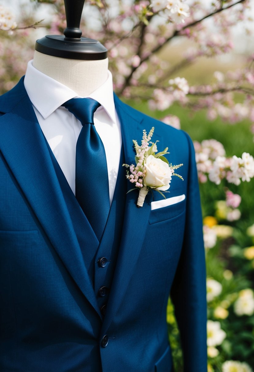 A navy blue suit with a crisp white shirt, floral boutonniere, and elegant tie, set against a backdrop of blooming spring flowers