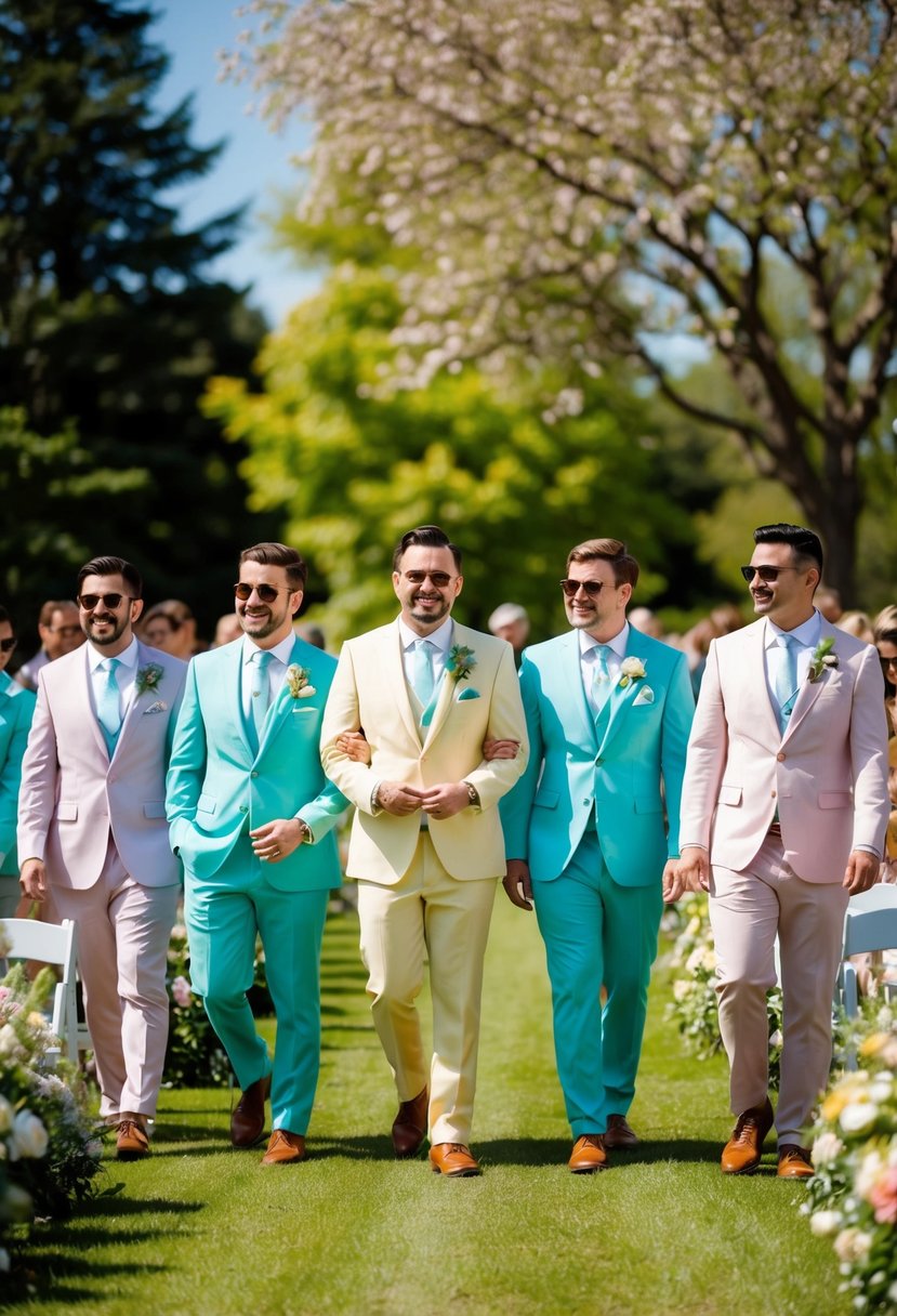 A sunny outdoor wedding with guests wearing cotton-blend suits in pastel colors, surrounded by blooming flowers and greenery