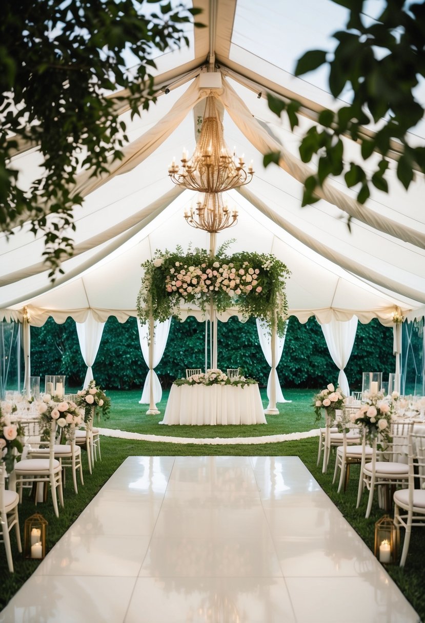 An outdoor wedding tent with ample floor space, surrounded by lush greenery and decorated with elegant lighting and floral arrangements