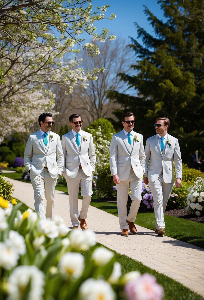 A sunny outdoor wedding with guests in light, casual suits, surrounded by blooming spring flowers and greenery