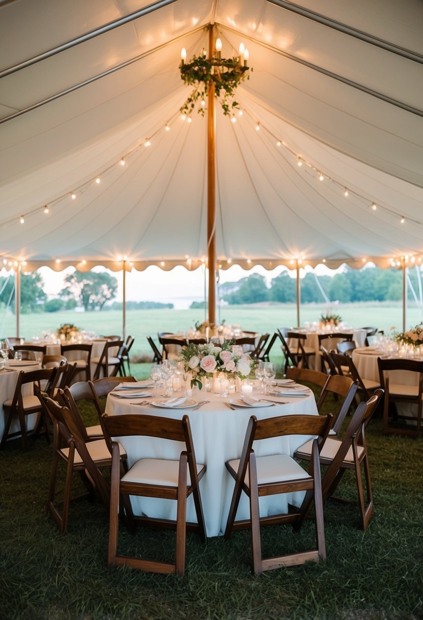 A cozy tent adorned with elegant, foldable furniture for a wedding reception