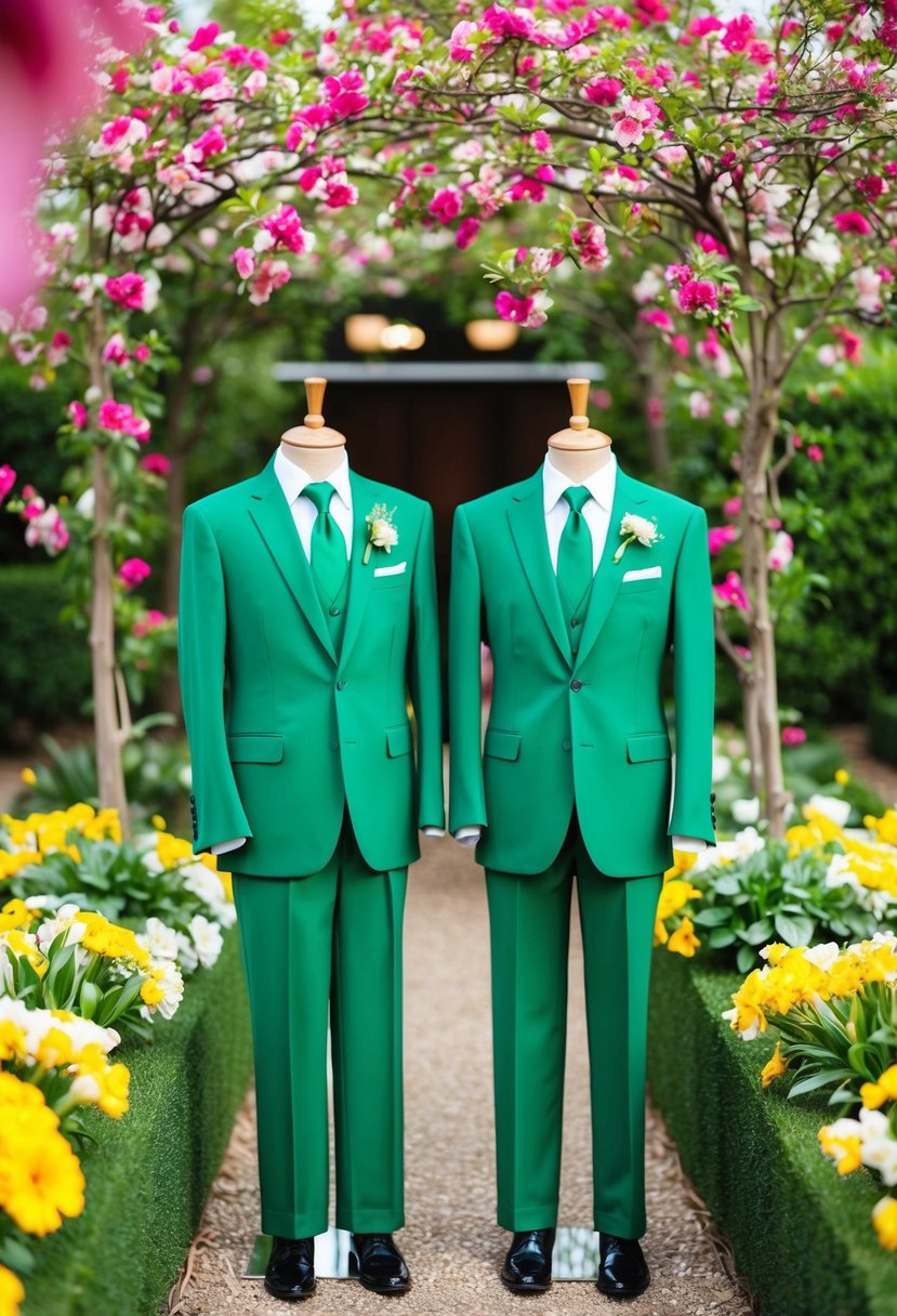 A lush garden with blooming flowers and vibrant green suits on display for a spring wedding