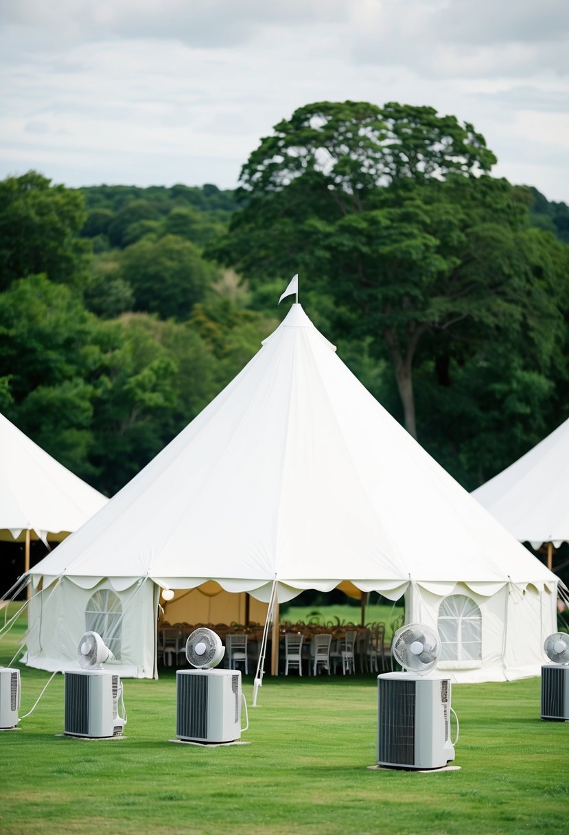 A white tent set up in a lush green field, with multiple fans and air conditioning units positioned around the perimeter, ensuring comfortable temperature control for a wedding event