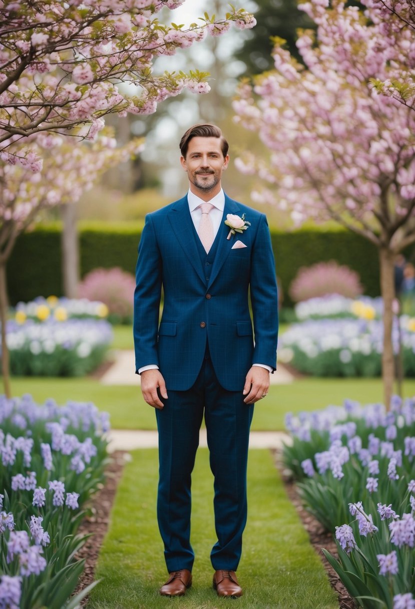 A groom in a classic wool suit stands in a blooming garden at a spring wedding