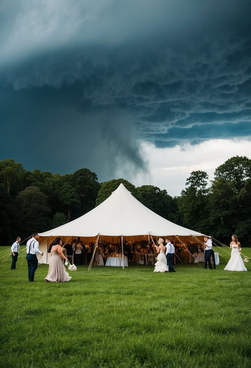 A tent wedding in a lush green meadow with dark storm clouds gathering overhead, while guests and staff hurriedly set up a backup indoor reception area