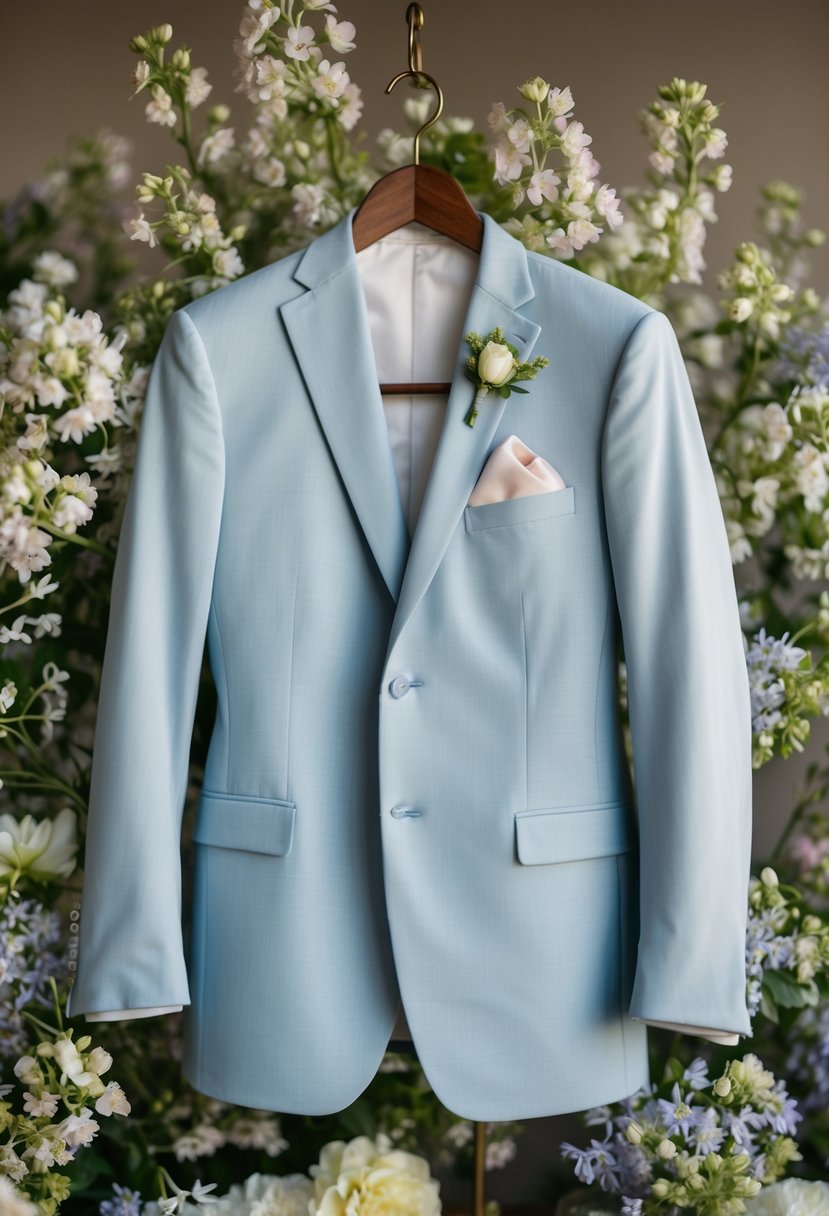 A groom's suit hanging on a wooden hanger, with soft pastel colors and tailored fit, surrounded by delicate spring flowers