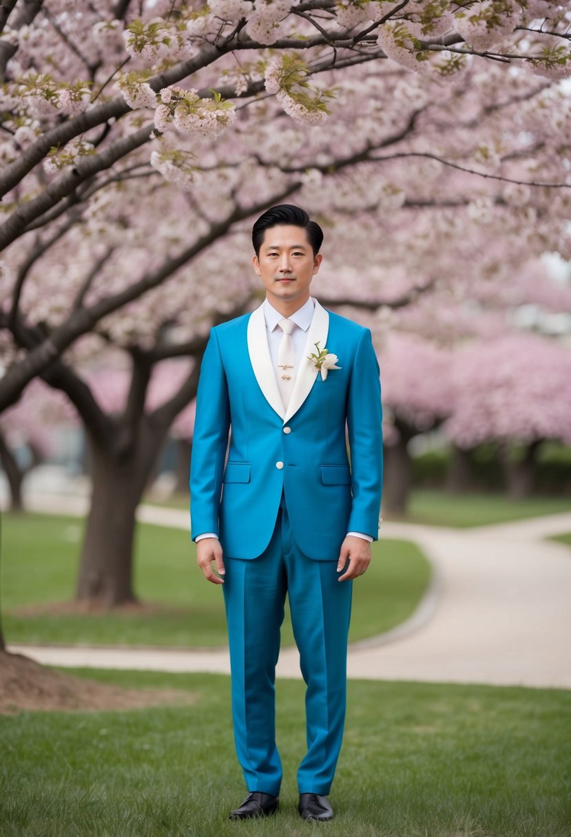 A groom wearing a traditional Korean-style suit stands in a blooming cherry blossom garden, with a modern twist on the suit design