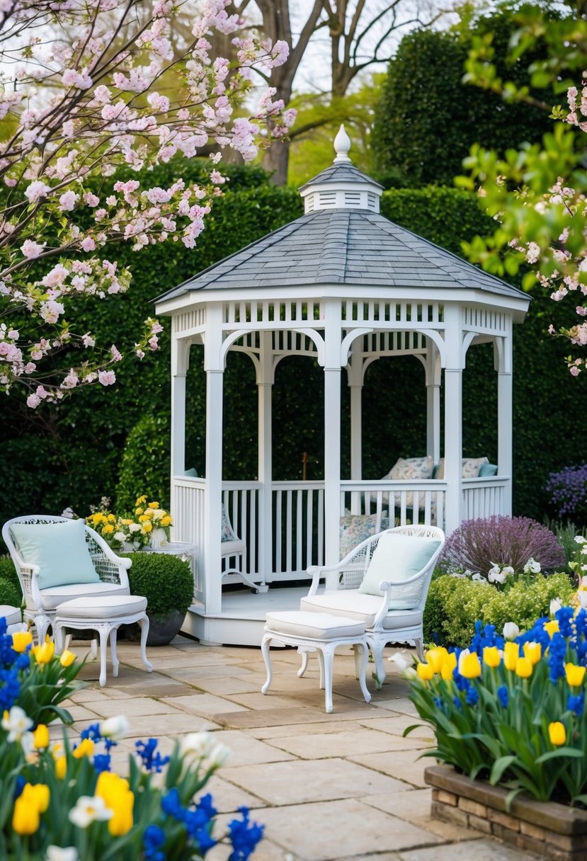 A lush garden with blooming flowers, elegant chairs and tables, and a white gazebo adorned with delicate spring decorations