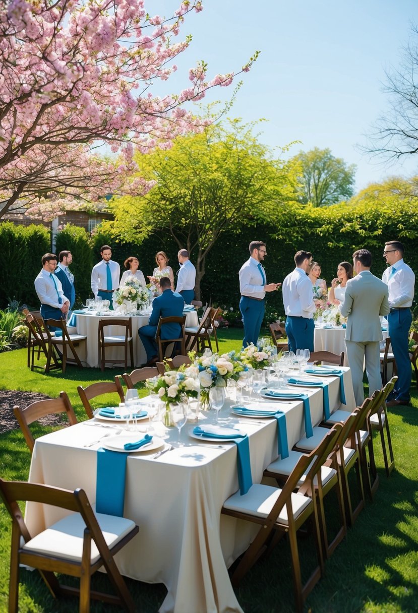 A sunny garden with blooming flowers, a table set for a wedding reception, and guests dressed in casual yet elegant spring suits