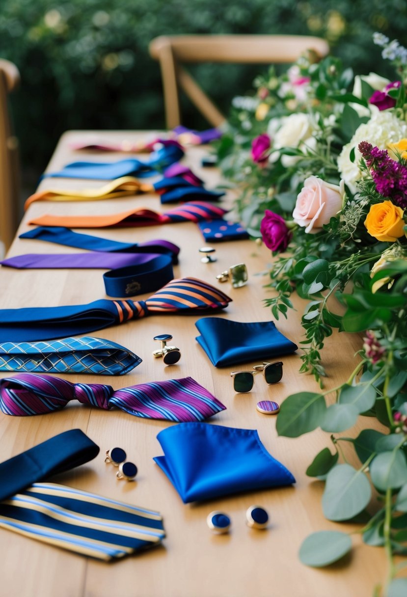 A table scattered with colorful ties, pocket squares, and cufflinks, surrounded by fresh flowers and greenery