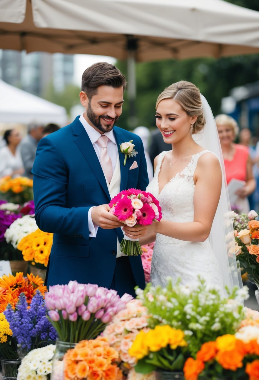 A bride and groom happily selecting affordable flowers from a variety of colorful blooms at a wedding flower market