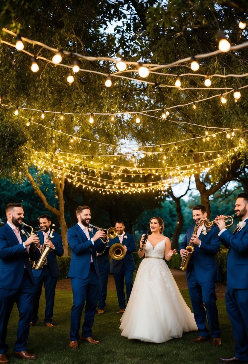 A lively band plays wedding music under a canopy of twinkling lights and swaying trees, creating a joyful and romantic atmosphere