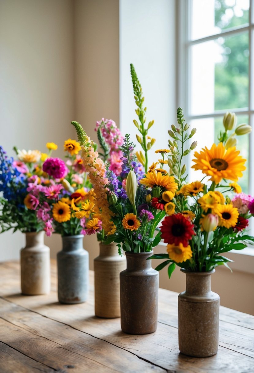 A colorful array of in-season flowers arranged in rustic vases on a wooden table, with soft natural light streaming in from a nearby window