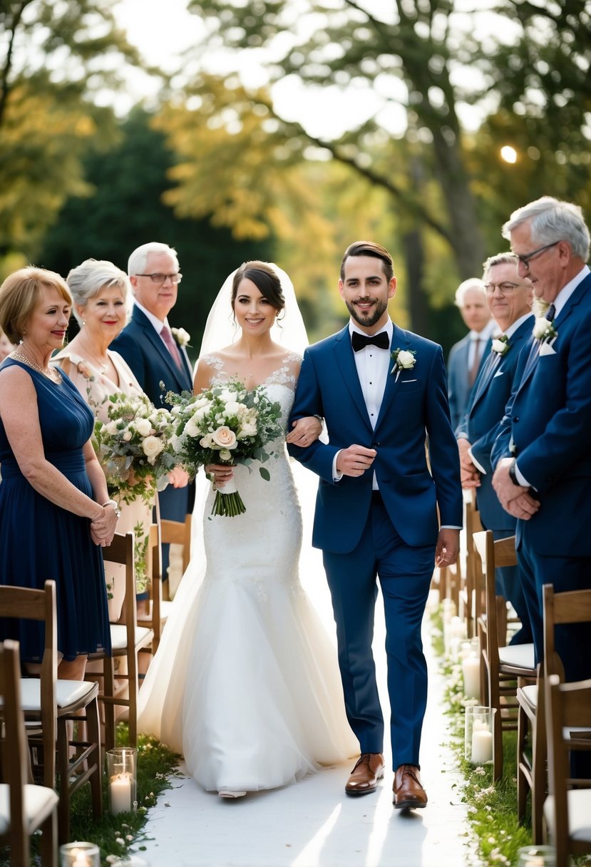 A bride and groom walk down the aisle, surrounded by family and friends, as a string quartet plays a beautiful and meaningful processional song