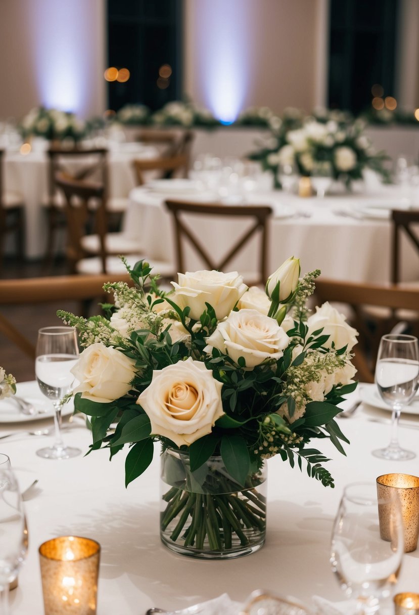 Ceremony flowers arranged on reception tables, repurposed for wedding budget