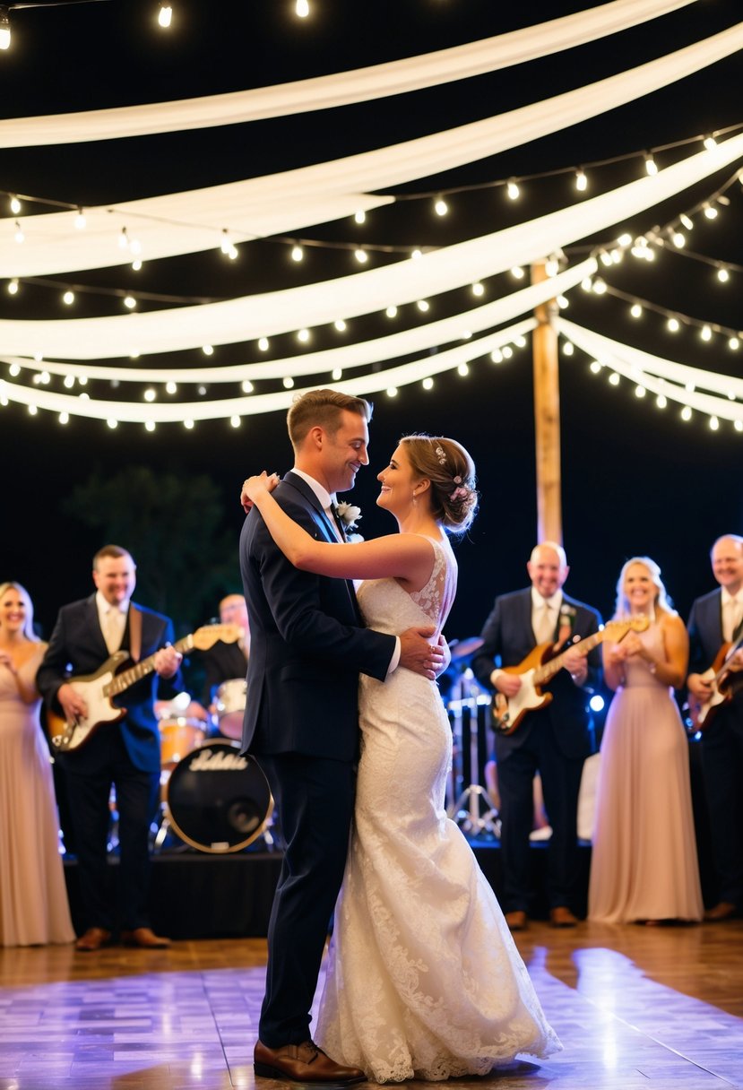 A couple dances under twinkling lights as a live band plays in the background, adding a personal touch to their wedding celebration