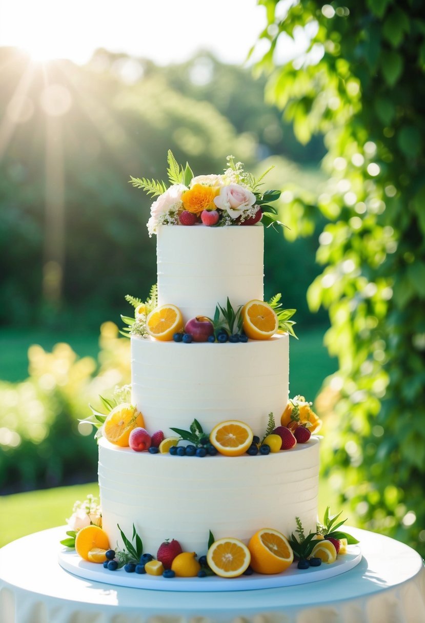 A tiered wedding cake adorned with fresh flowers and fruits, set against a backdrop of lush greenery and bright sunshine