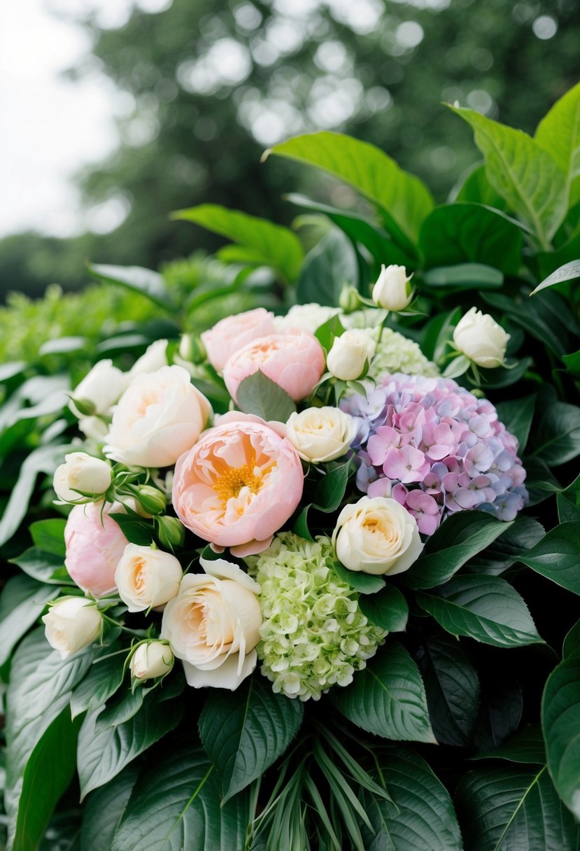 A lavish bouquet of roses, peonies, and hydrangeas nestled among lush green foliage