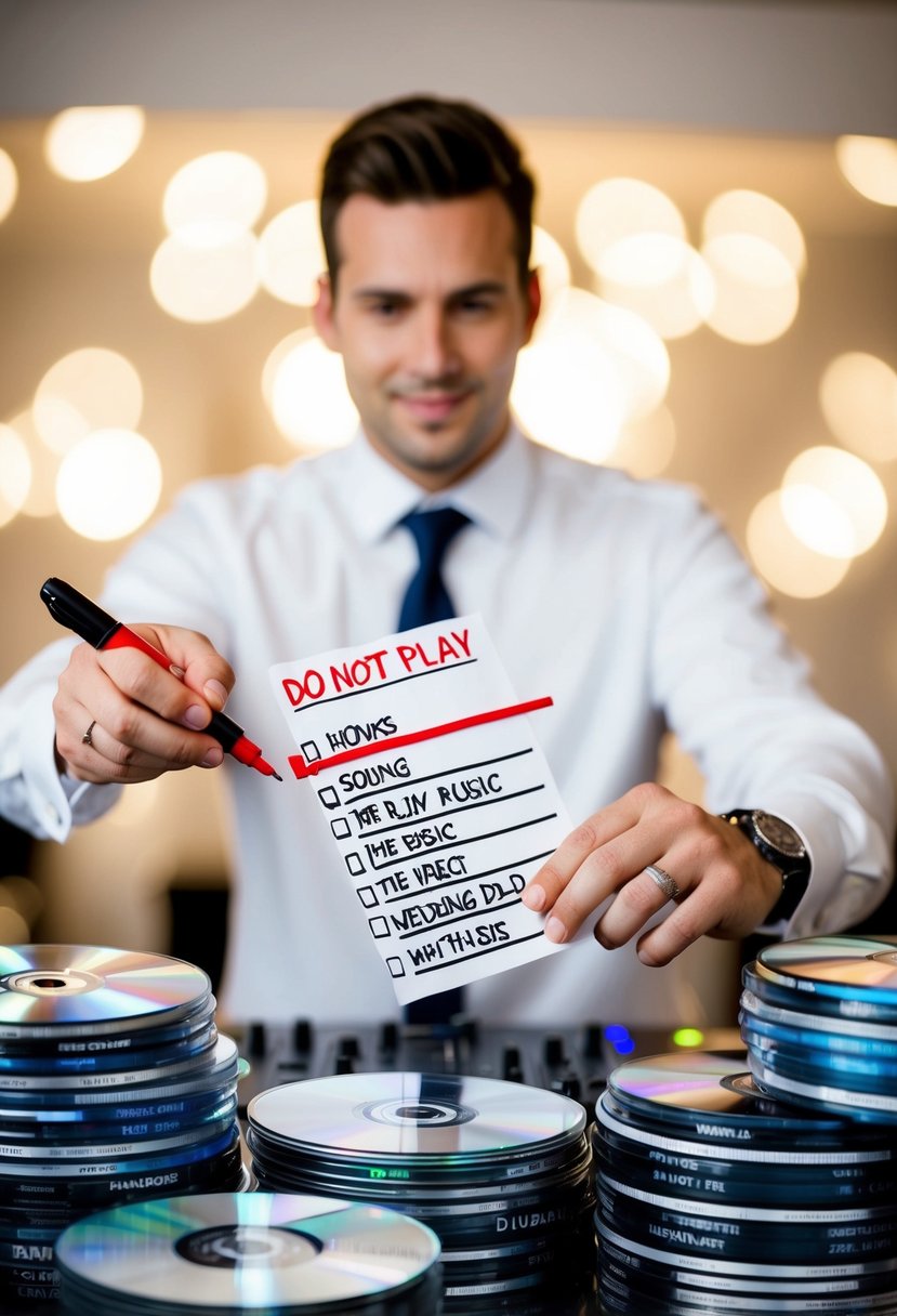 A wedding DJ surrounded by a stack of music CDs, crossing out song titles on a 'do-not-play' list with a red marker