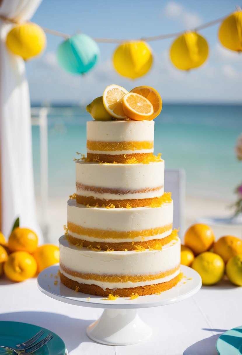 A vibrant citrus breeze cake adorned with lemon and orange zest, set against a backdrop of sunny, summery wedding decor