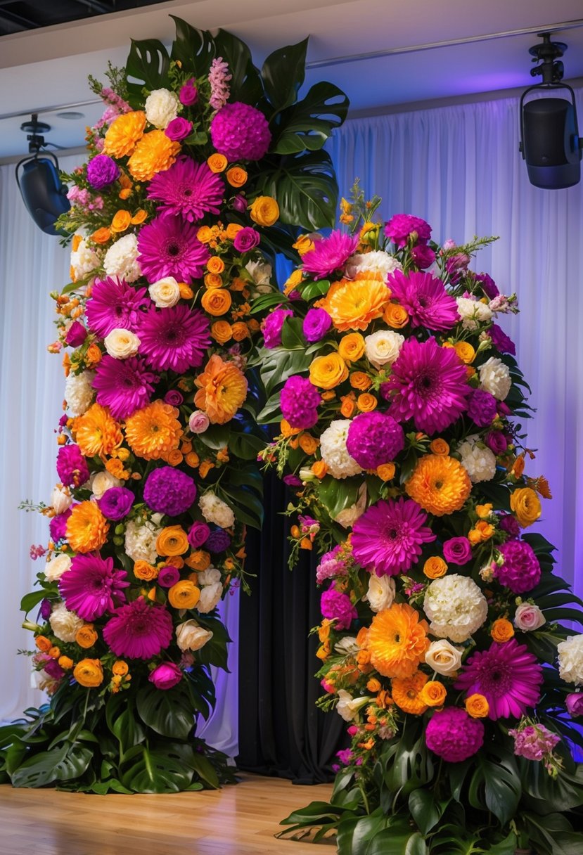 A lush bouquet of oversized, vibrant blooms arranged in a cascading display, filling the space with color and volume