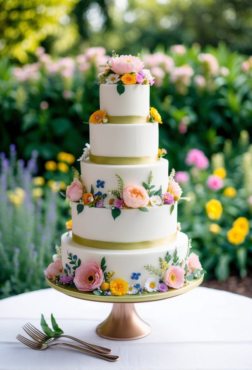 A multi-tiered floral fantasy cake adorned with edible flowers, set against a backdrop of lush greenery and blooming garden