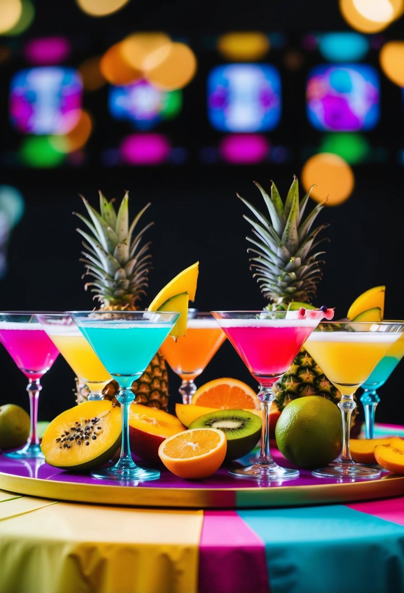 A colorful array of cocktail glasses and tropical fruits on a vibrant table with a lively music playlist in the background